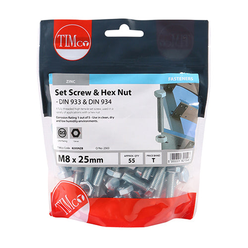 Set Screw & Hex Nut - BZP - M8 x 25 | TIMpac of 4