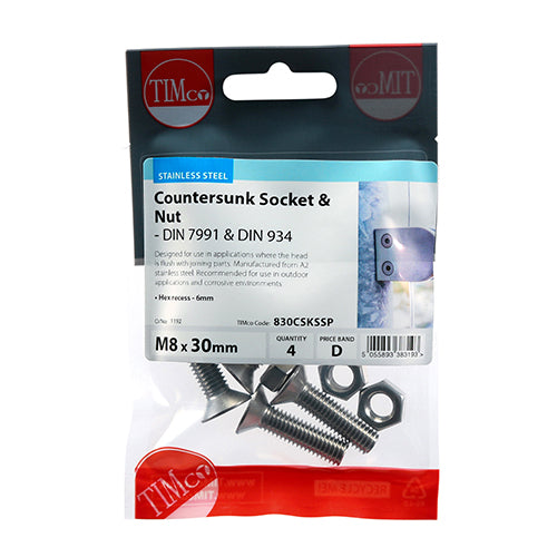 CSK Socket & Nut - A2 SS - M8 x 30 | TIMpac of 4