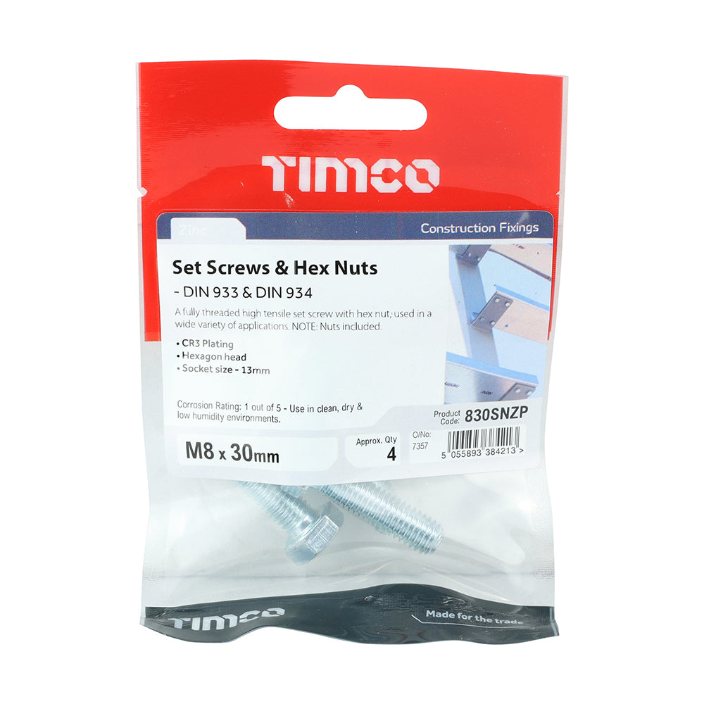 Set Screw & Hex Nut - BZP - M8 x 30 | TIMpac of 4