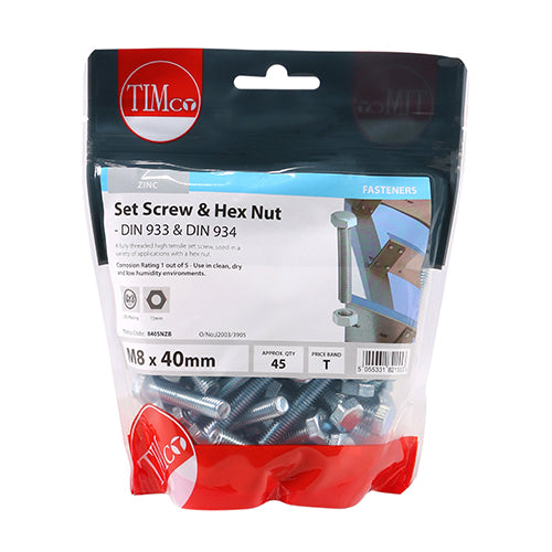 Set Screw & Hex Nut - BZP - M8 x 40 | TIMpac of 2