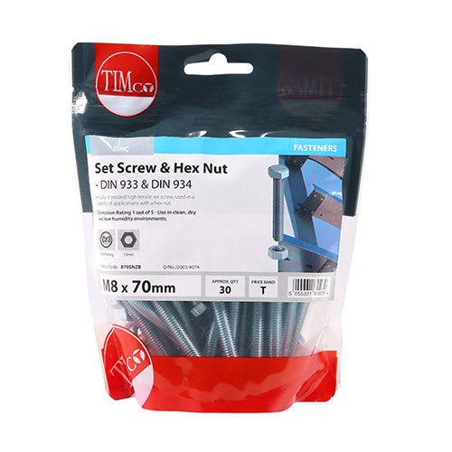 Set Screw & Hex Nut - BZP - M8 x 70 | TIMpac of 2