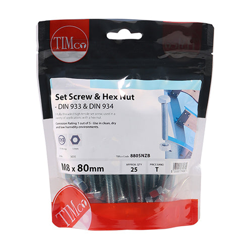Set Screw & Hex Nut - BZP - M8 x 80 | TIMpac of 2