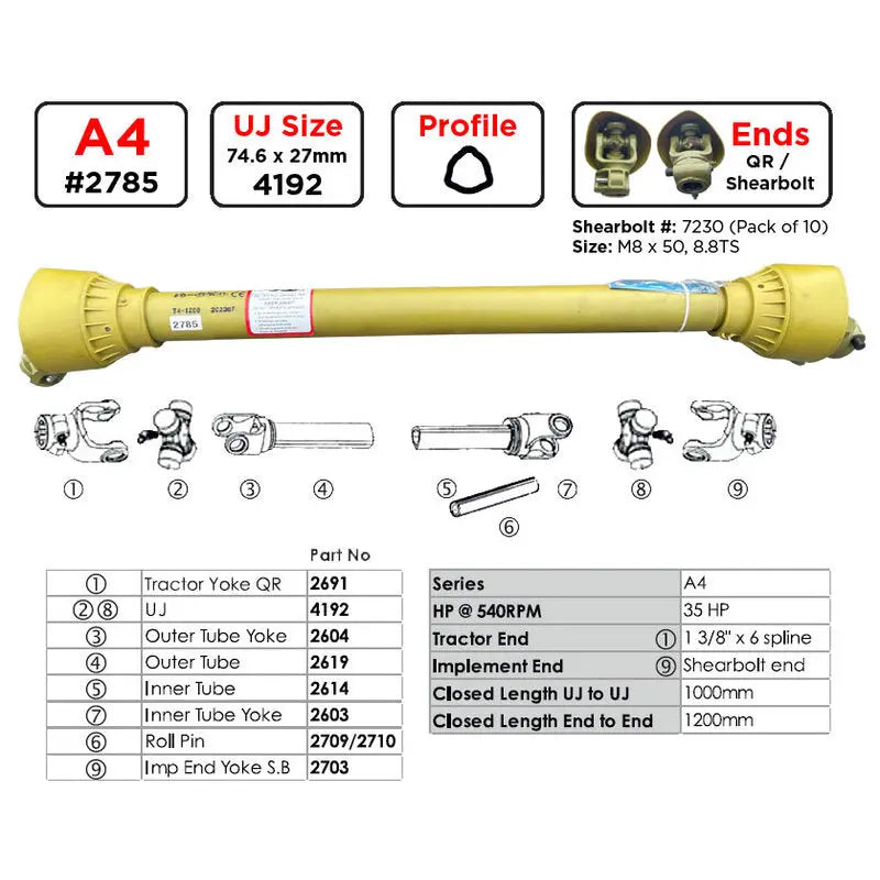 Gwaza PTO Shaft A4 1200mm 1.3/8 6 Spline QR/Shearbolt