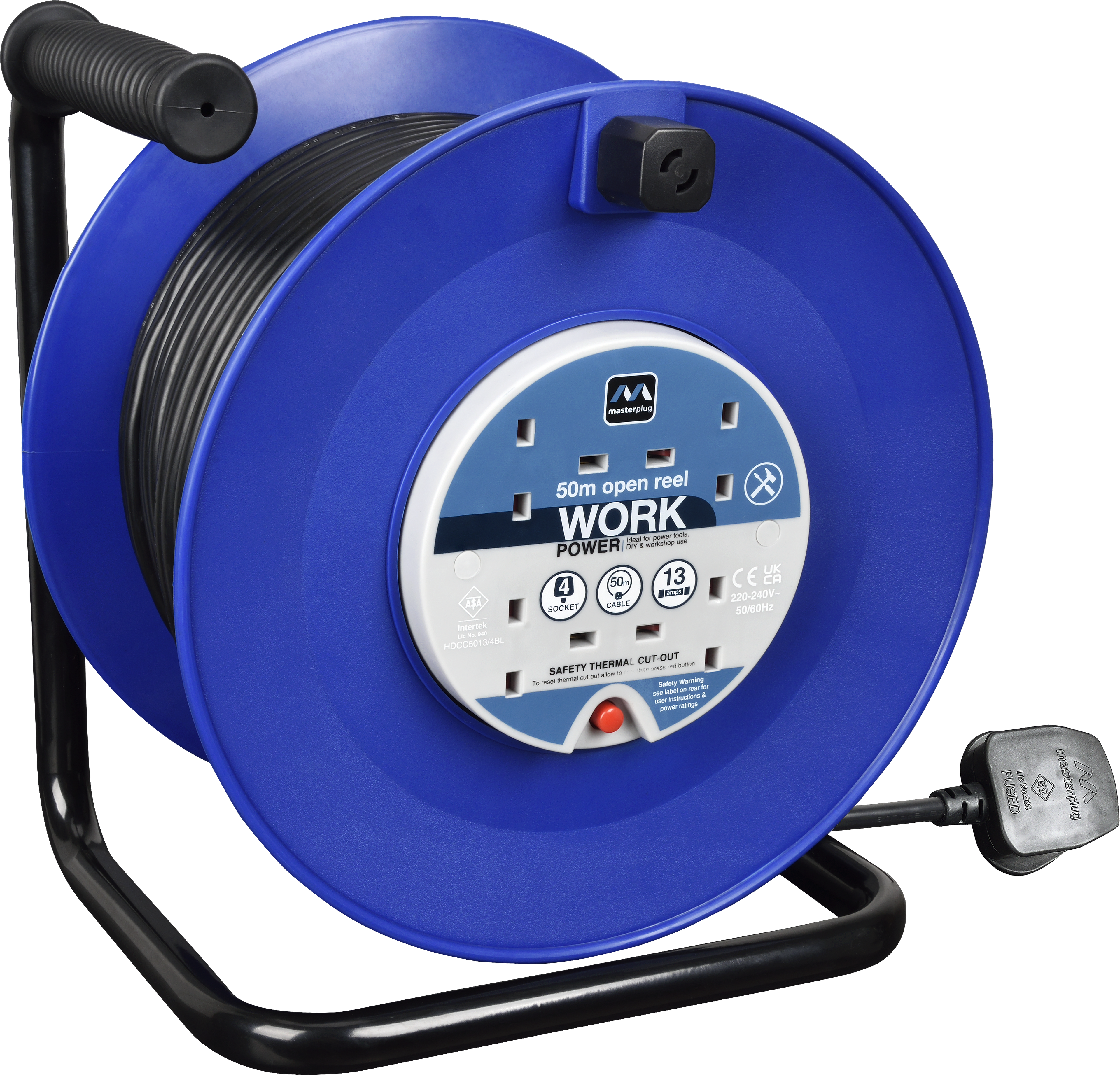 Masterplug 4 Plug Open Cable Extension Reel 50 Metres