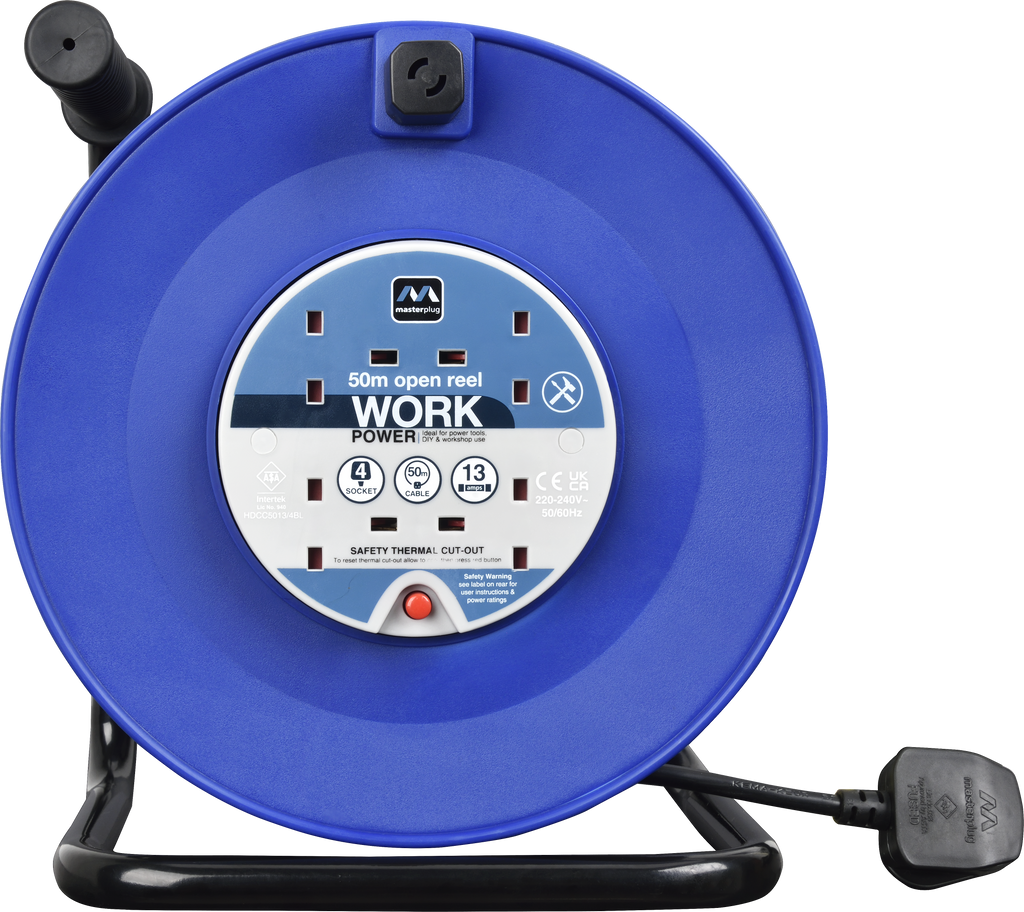 Masterplug 4 Plug Open Cable Extension Reel 50 Metres