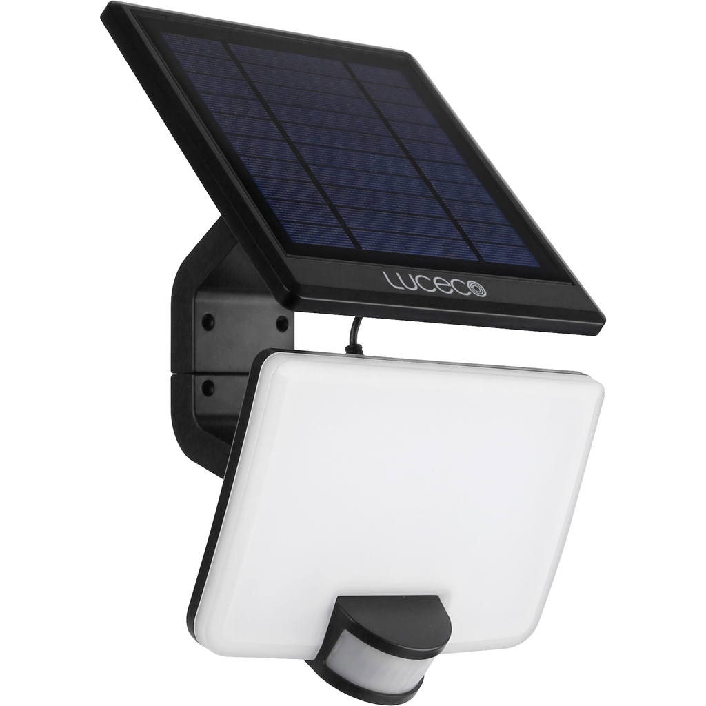 Solar-powered outdoor light fixture with Luceco branding on a white background