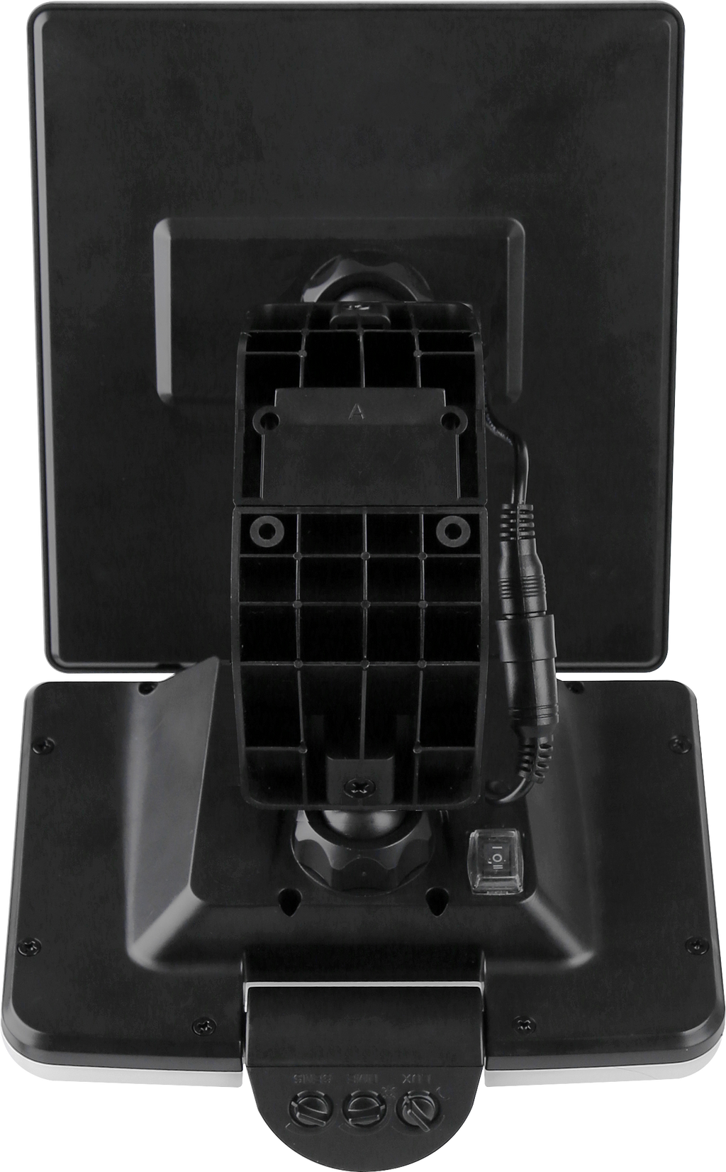 Black electronic device with connectors on a white background