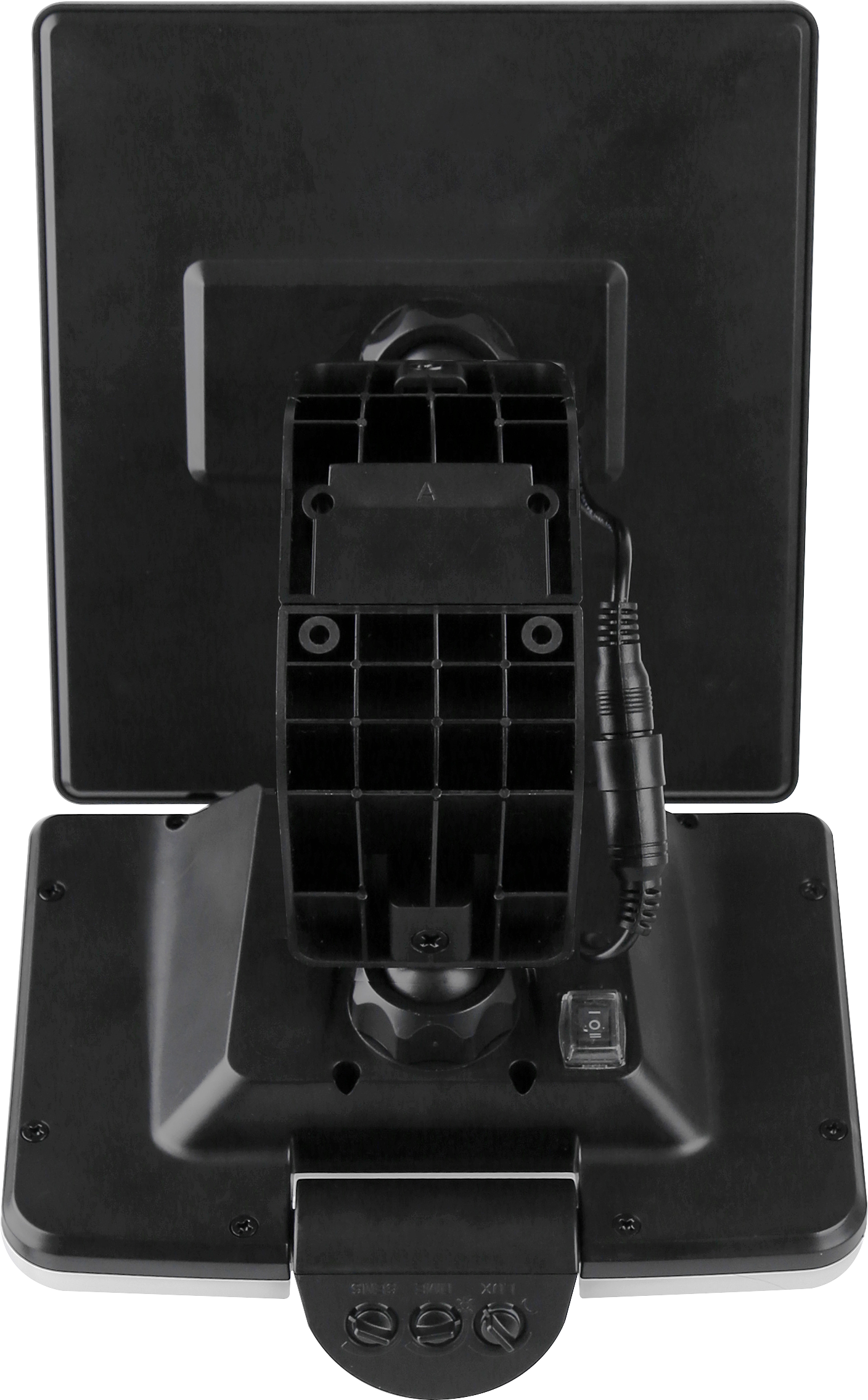 Black electronic device with connectors on a white background