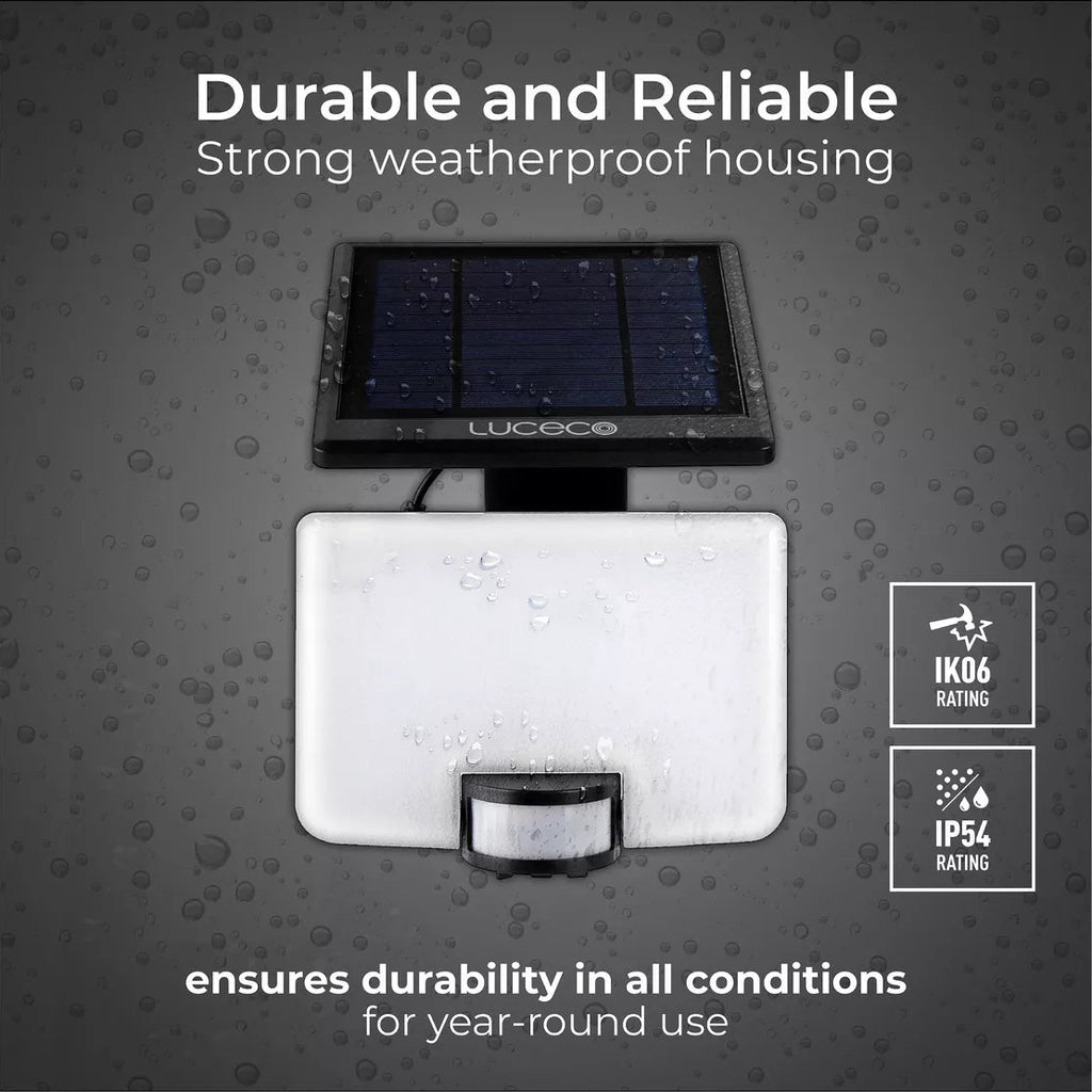 Solar-powered device with weatherproof housing on a gray background, featuring the brand 'Lucco'.