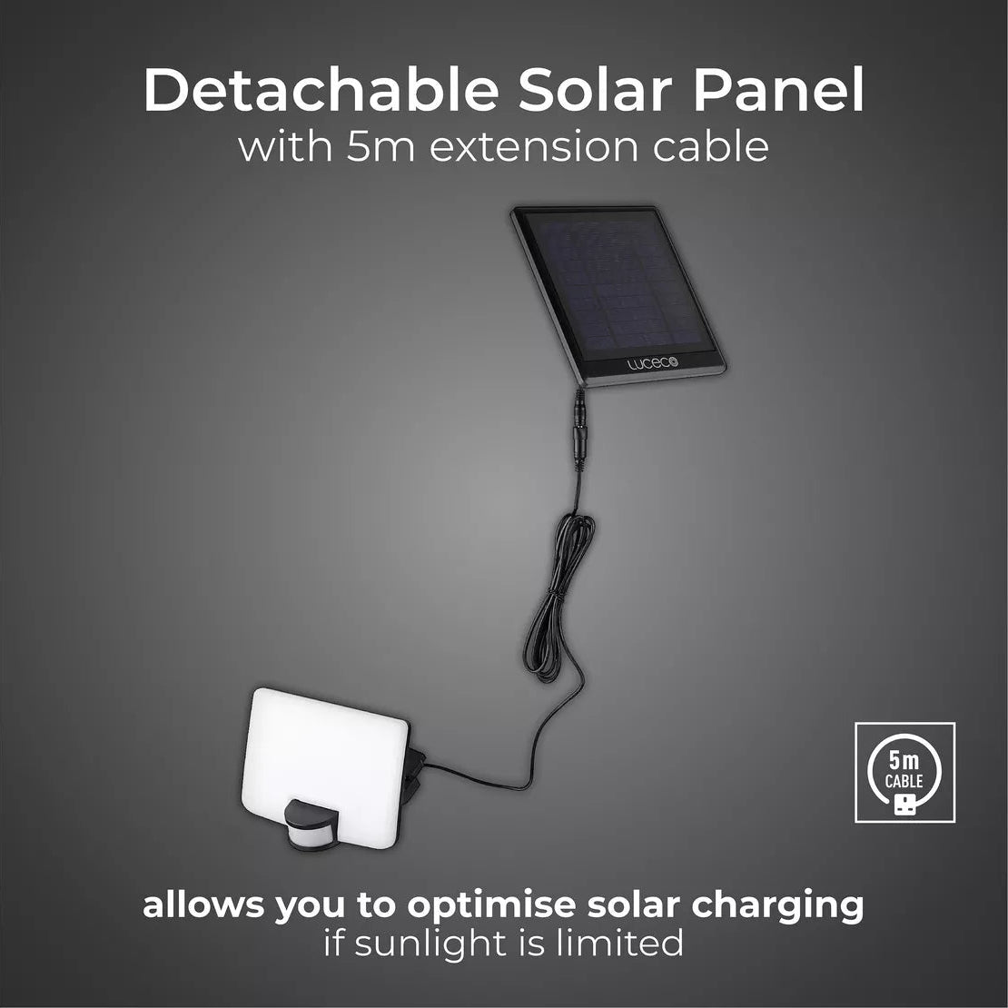 Detachable solar panel with 5m extension cable on a gray background