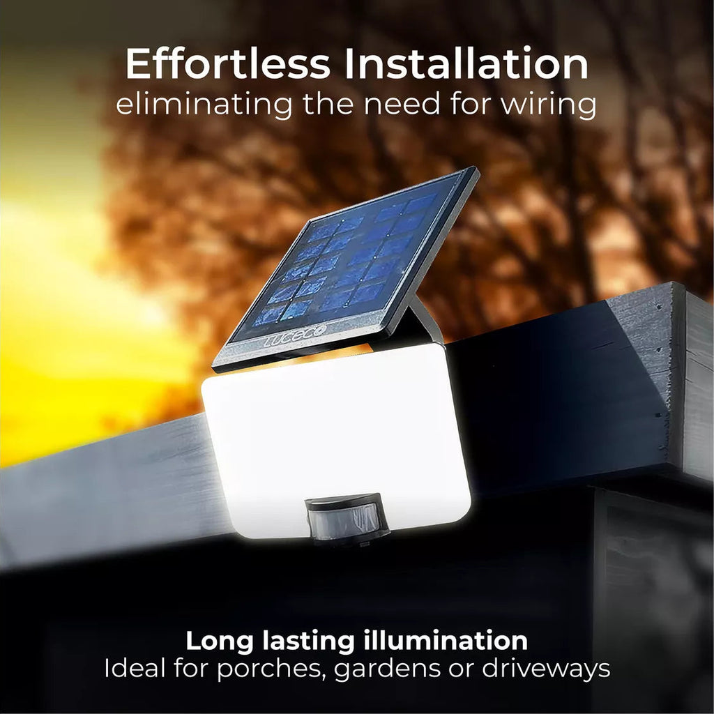 Solar-powered outdoor light fixture with text highlighting ease of installation and long-lasting illumination.