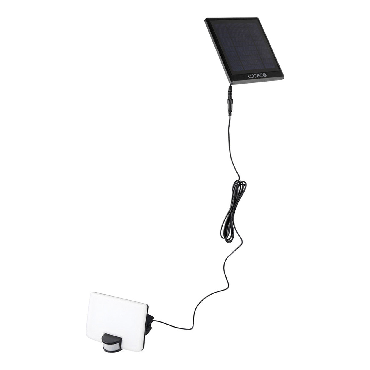 Solar panel with cable attached to a device on a white background