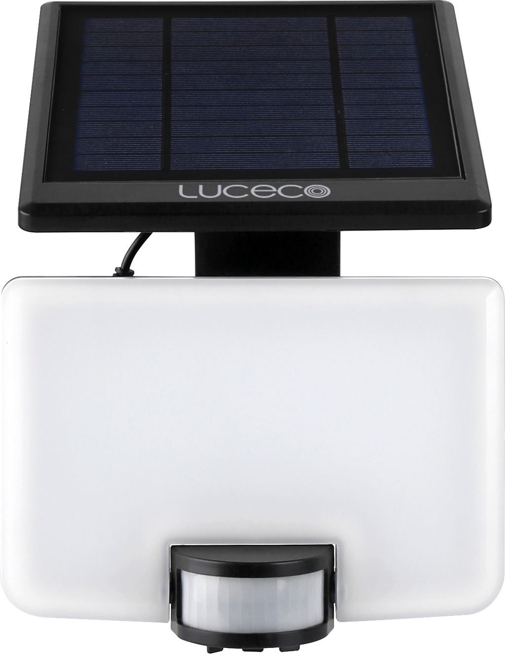Solar-powered outdoor light with motion sensor on a white background, branded Luceco.