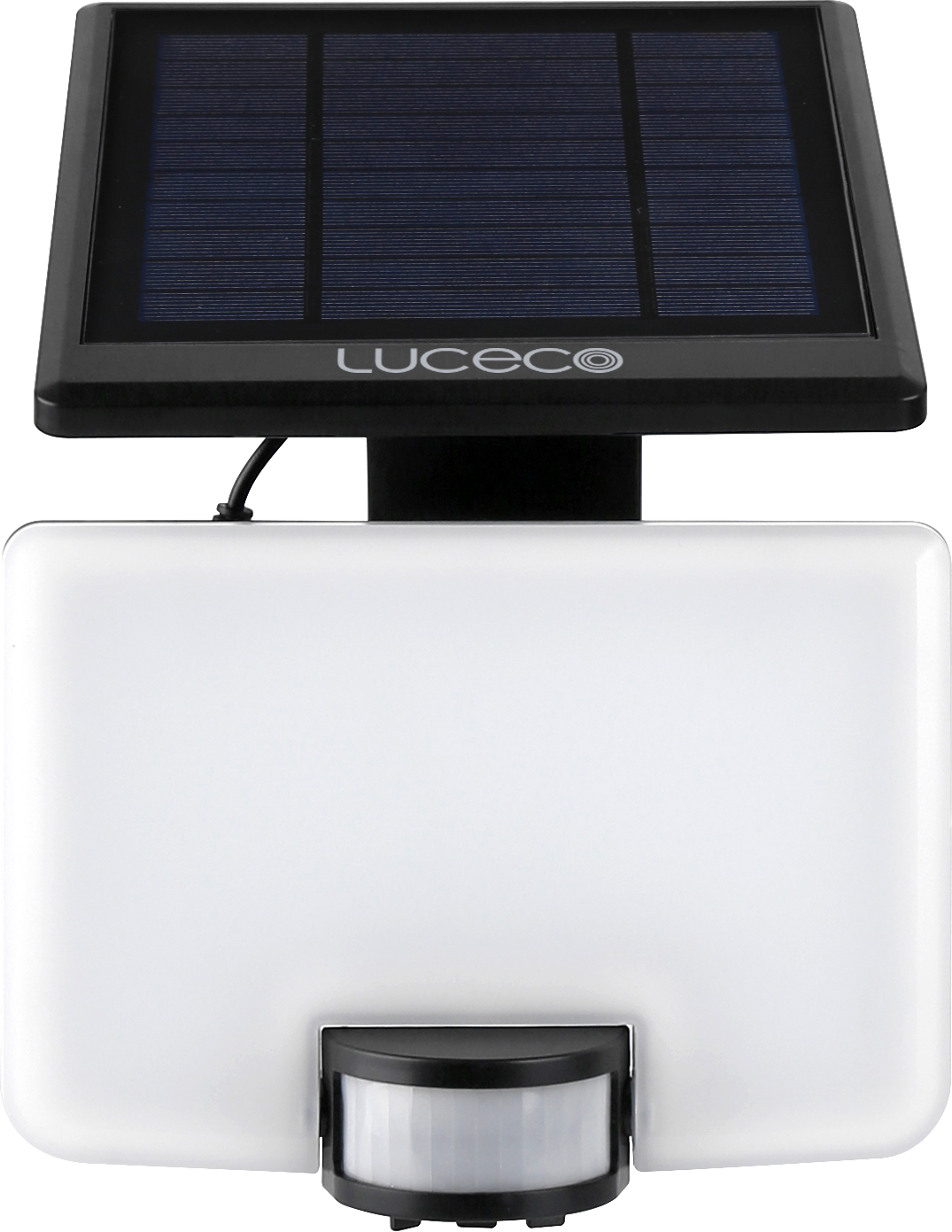 Solar-powered outdoor light with motion sensor on a white background, branded Luceco.