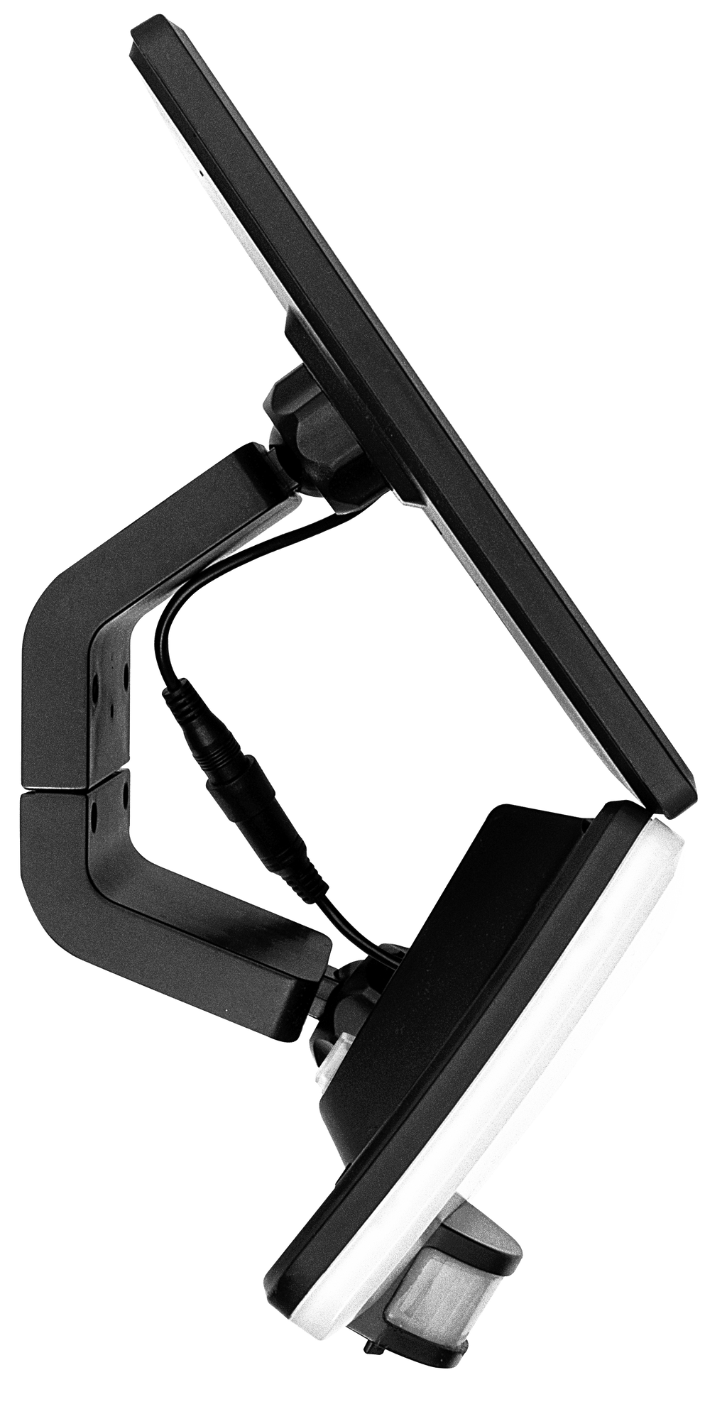 Black adjustable clamp with a white light bulb on a white background