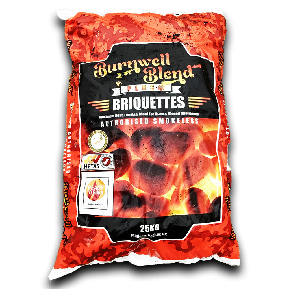 Bag of Burnwell Blend briquettes with fiery design on a white background