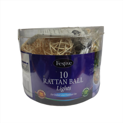 Festive 10 Rattan Ball Lights - 10m - Indoor/Outdoor Use