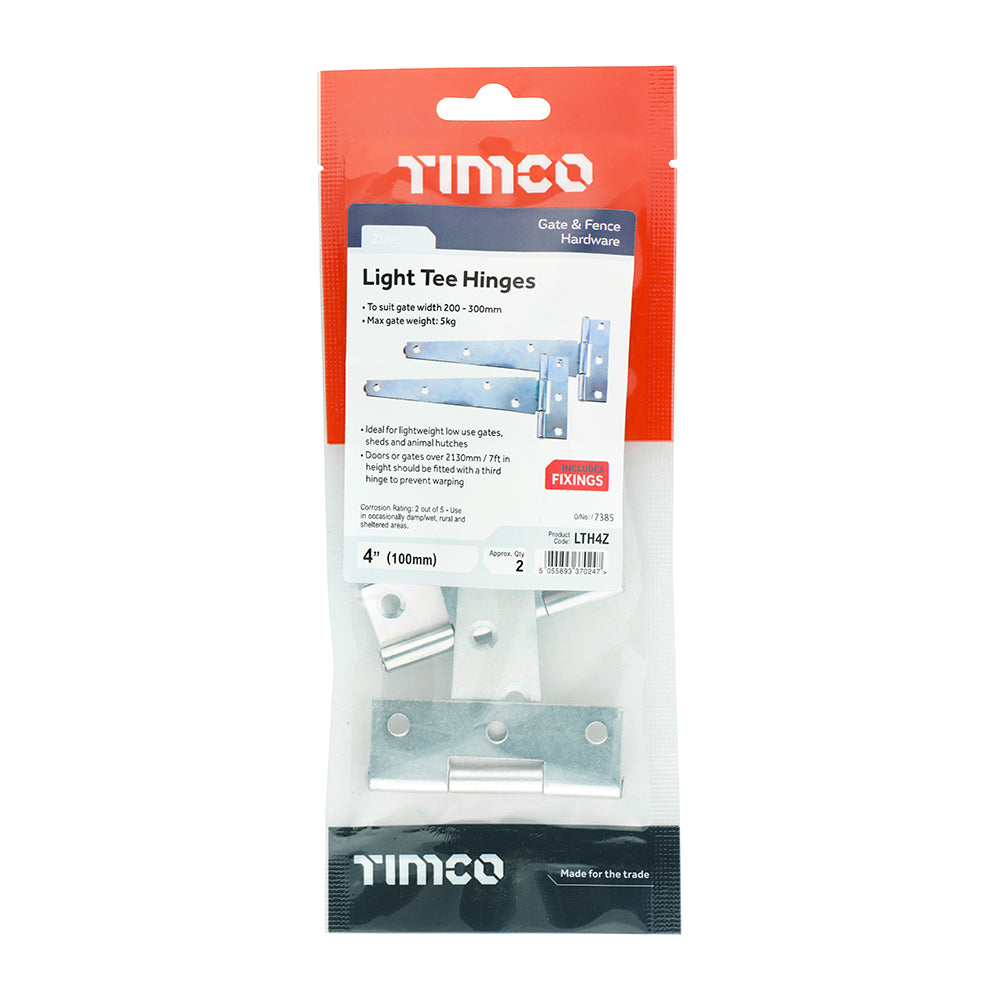 Light Tee Hinge Pair Zinc - 4" | Plain Bag