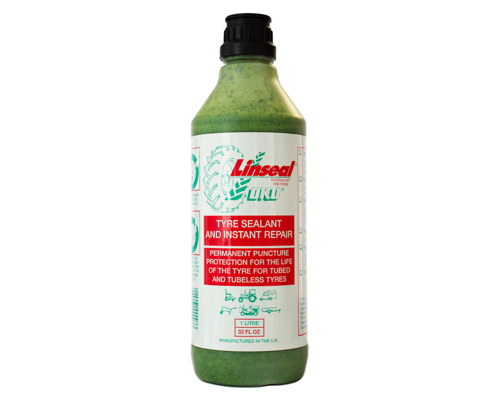 Bottle of Line Seal OKT tyre sealant and instant repair on a white background
