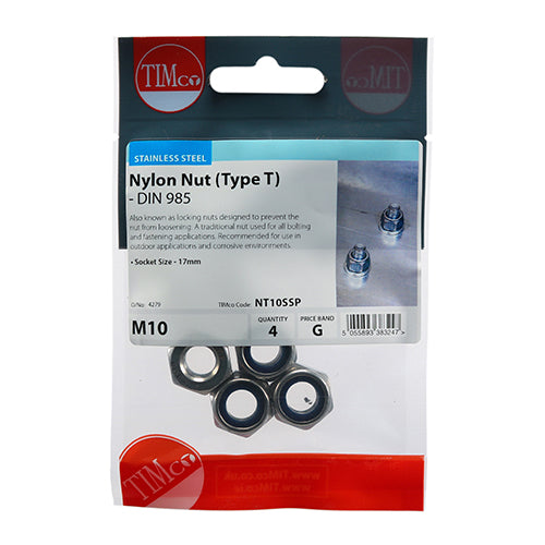 Nylon Nut Type T DIN 985 A2 SS - M10 | Bag of 10