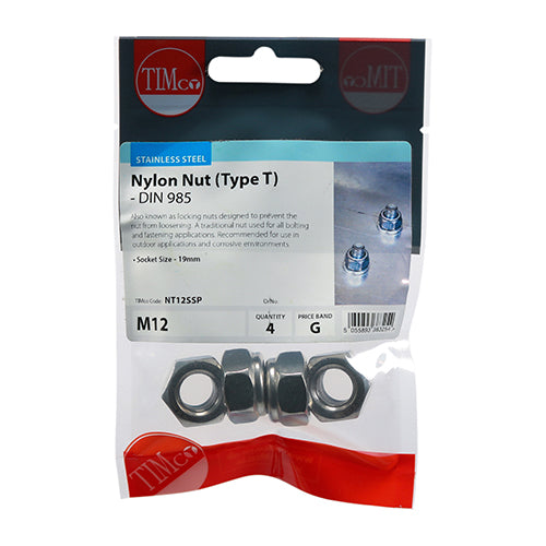 Nylon Nut Type T DIN 985 A2 SS - M12 | Bag of 5