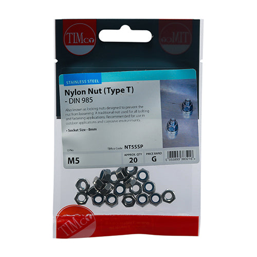 Nylon Nut Type T DIN 985 A2 SS - M5 | Bag of 10