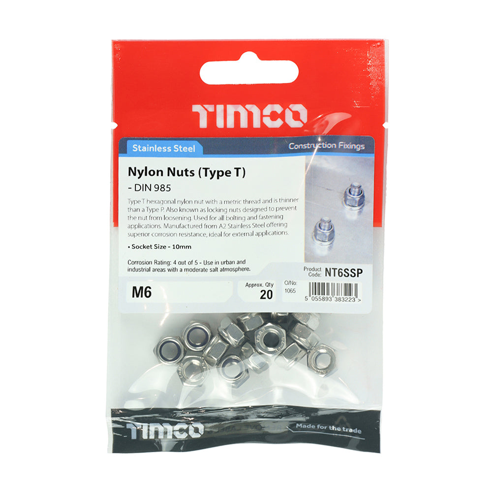 Nylon Nut Type T DIN 985 A2 SS - M6 | Bag of 10