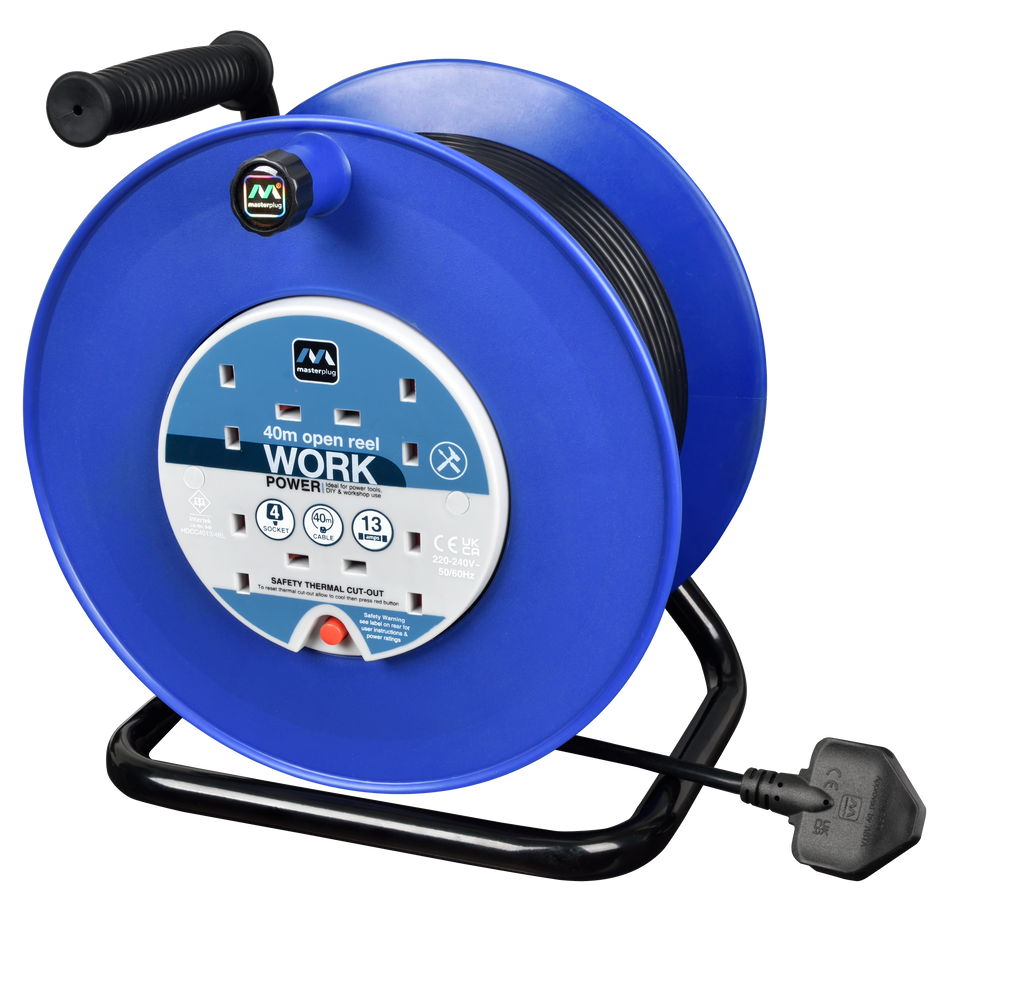 Masterplug 4 Plug Open Cable Extension Reel 40 Metres
