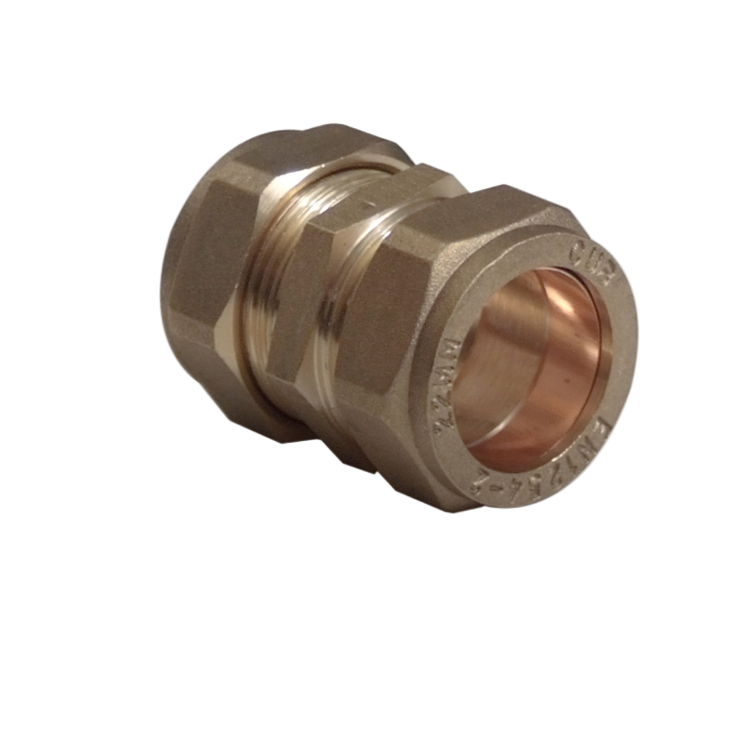 Brass pipe fitting on a white background