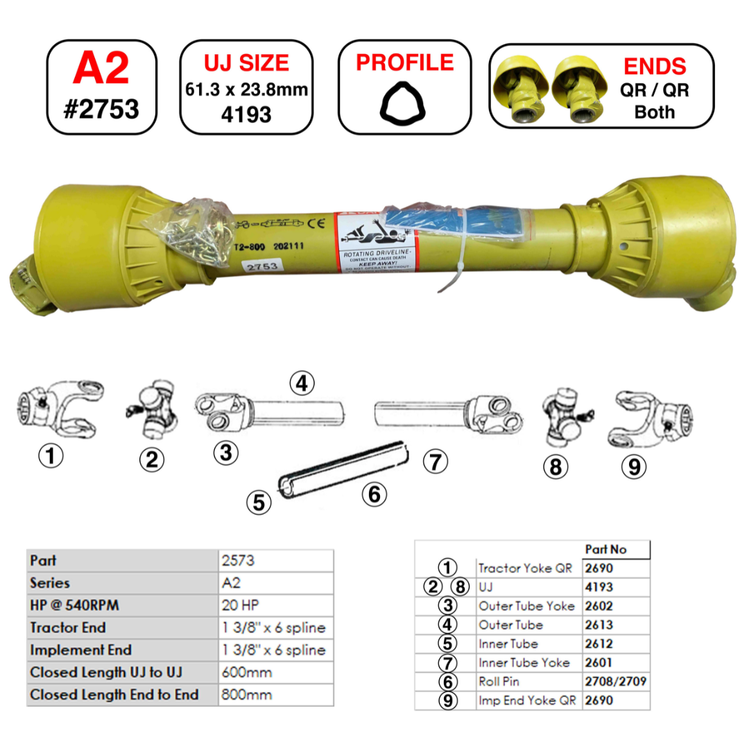 Gwaza PTO Shaft A2 800mm 1.3/8 6 spl QR/QR