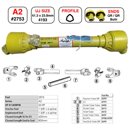 Gwaza PTO Shaft A2 800mm 1.3/8 6 spl QR/QR