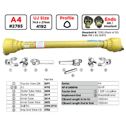 Gwaza PTO Shaft A4 1200mm 1.3/8 6 Spline QR/Shearbolt