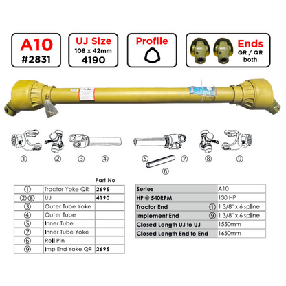 Gwaza PTO Shaft A10 1650mm 1 3/8 6 spl QR/QR