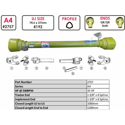 Gwaza PTO Shaft A4 1200mm 1.3/8 6 spl QR/QR