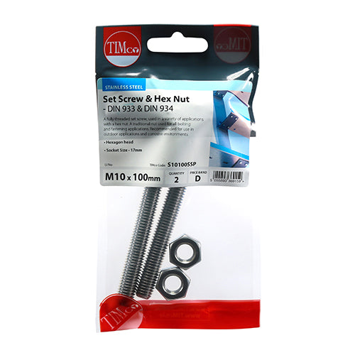 Set Screw & Hex Nut - A2 SS - M10 x 100 | TIMpac of 2