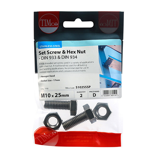 Set Screw & Hex Nut - A2 SS - M10 x 25 | TIMpac of 2