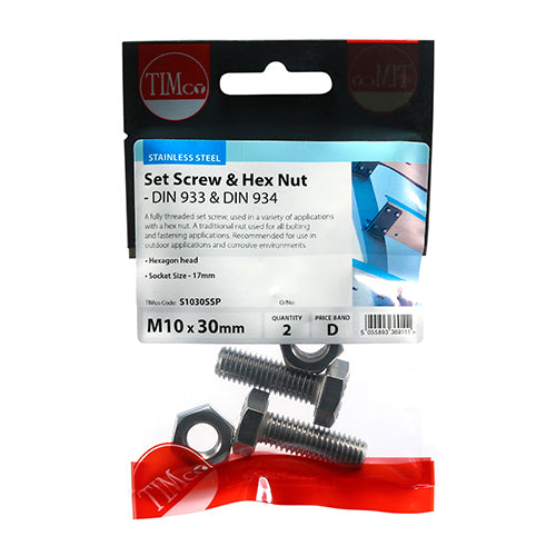 Set Screw & Hex Nut - A2 SS - M10 x 30 | TIMpac of 2