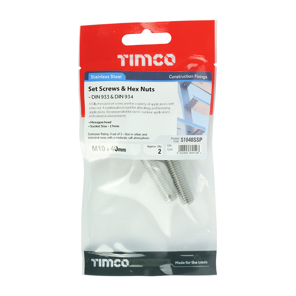 Set Screw & Hex Nut - A2 SS - M10 x 40 | TIMpac of 2