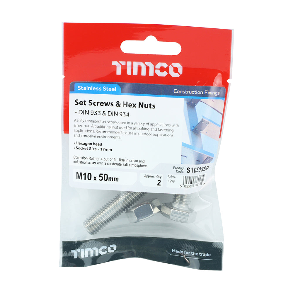 Set Screw & Hex Nut - A2 SS - M10 x 50 | TIMpac of 2