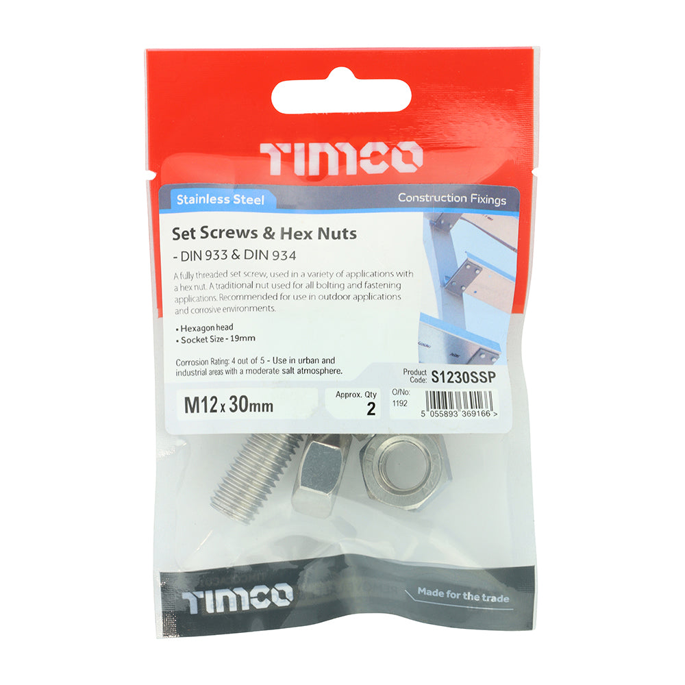 Set Screw & Hex Nut - A2 SS - M12 x 30 | TIMpac of 2