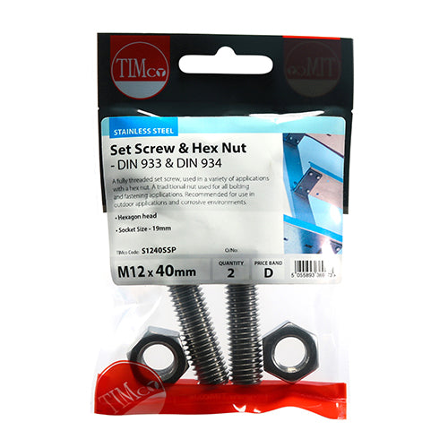 Set Screw & Hex Nut - A2 SS - M12 x 40 | TIMpac of 2