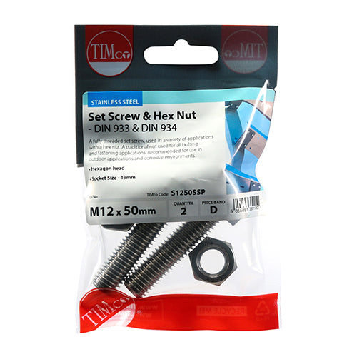 Set Screw & Hex Nut - A2 SS - M12 x 50 | TIMpac of 2