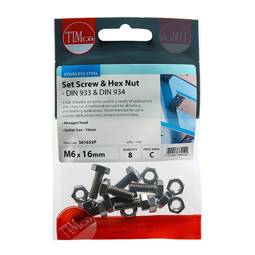 Set Screw & Hex Nut - A2 SS - M6 x 16 | TIMpac of 8