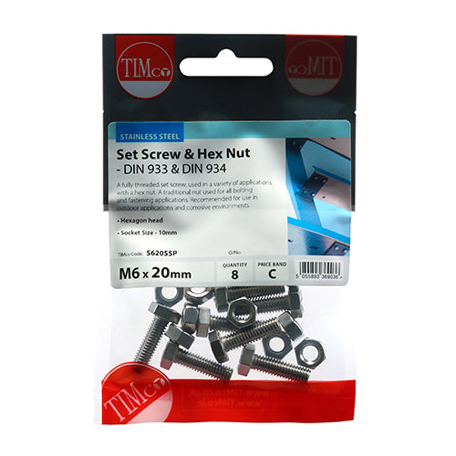 Set Screw & Hex Nut - A2 SS - M6 x 20 | TIMpac of 8