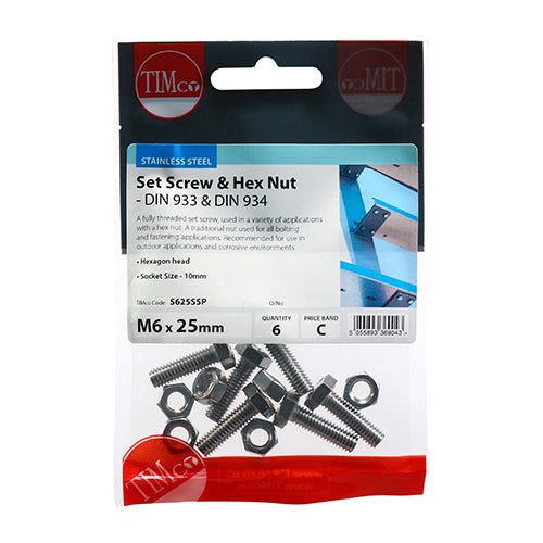 Set Screw & Hex Nut - A2 SS - M6 x 25 | TIMpac of 6