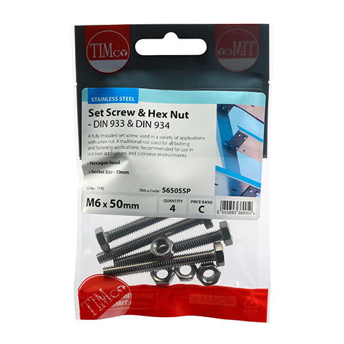 Set Screw & Hex Nut - A2 SS - M6 x 50 | TIMpac of 4