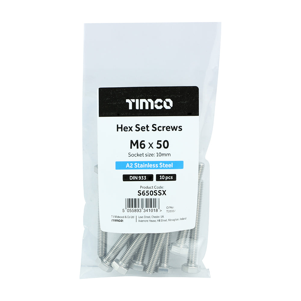 Set Screws DIN 933 A2 SS - M6 x 50 | Bag of 10
