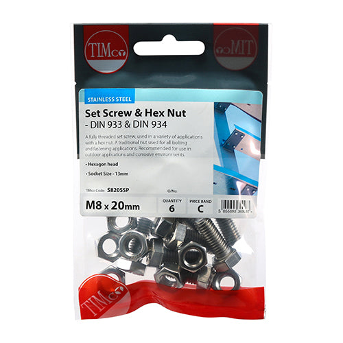 Set Screw & Hex Nut - A2 SS - M8 x 20 | TIMpac of 6