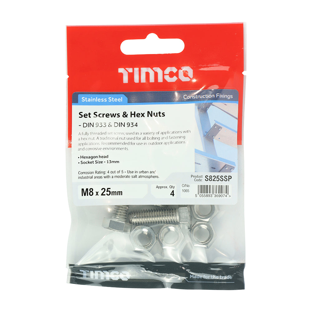 Set Screw & Hex Nut - A2 SS - M8 x 25 | TIMpac of 4