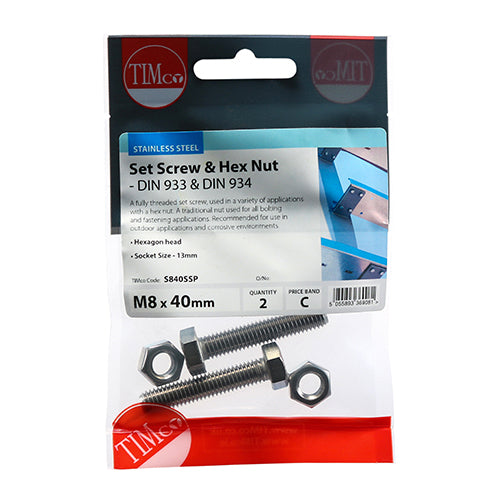 Set Screw & Hex Nut - A2 SS - M8 x 40 | TIMpac of 2